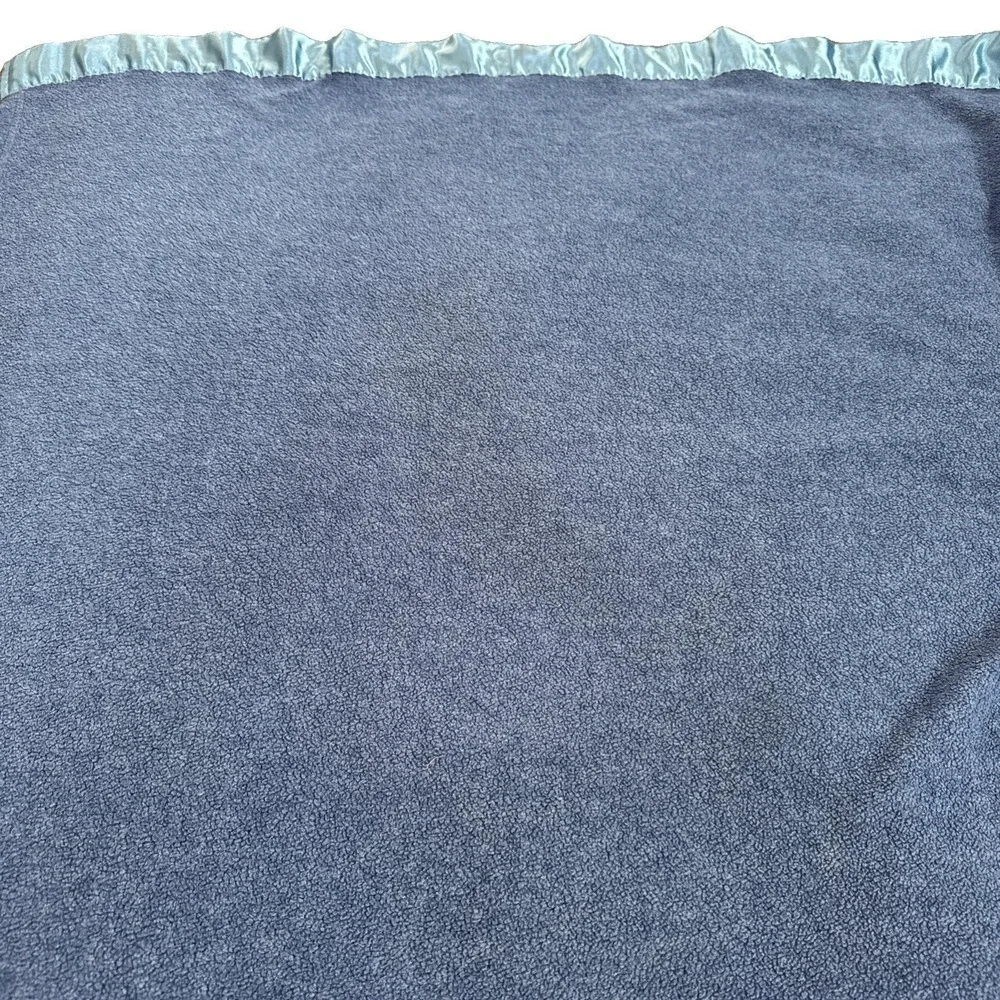 Vintage Blue Acrylic Rayon Blanket Satin Trim Full Queen USA Made Bedding 94x96